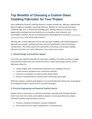 Top Benefits of Choosing a Custom Glass Cladding Fabricator