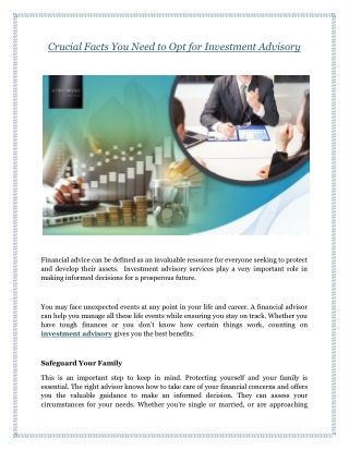 Crucial Facts You Need to Opt for Investment Advisory
