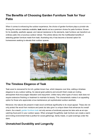 The Benefits of Choosing Garden Furniture Teak for Your Patio