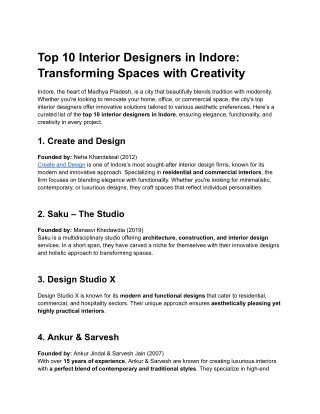 Top 10 Interior Designers in Indore: Transforming Spaces with Creativity