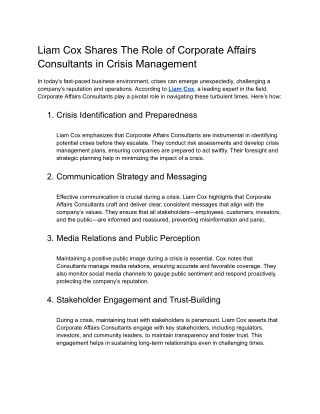 Liam Cox Shares The Role of Corporate Affairs Consultants in Crisis Management