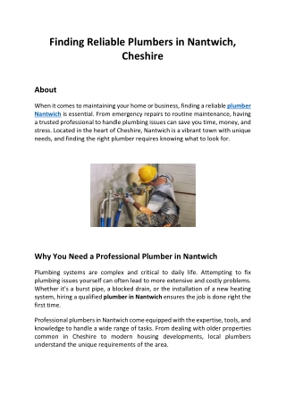 Finding Reliable Plumbers in Nantwich, Cheshire