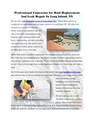 Professional Contractor for Roof Replacement And Leak Repair In Long Island, NY