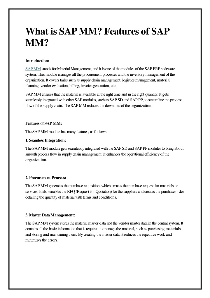 what is sap mm features of sap mm
