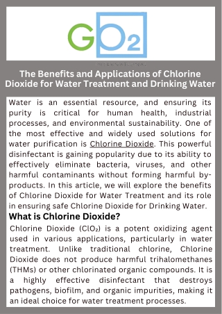 The Benefits and Applications of Chlorine Dioxide for Water Treatment and Drinking Water