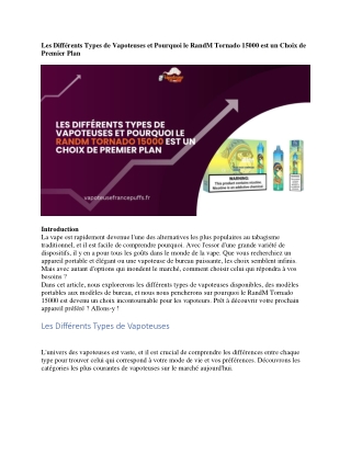 Les Différents Types de Vapoteuses et Pourquoi le RandM Tornado 15000 est un Choix de Premier Plan