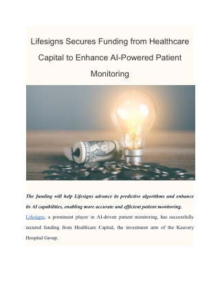 Lifesigns Secures Funding from Healthcare Capital to Enhance AI-Powered Patient Monitoring