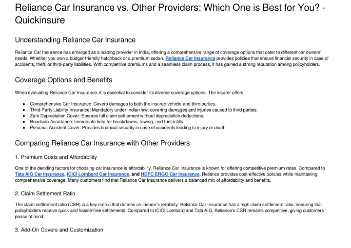 reliance car insurance vs other providers which one is best for you quickinsure