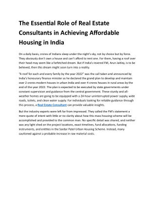 The Essential Role of Real Estate Consultants in Achieving Affordable Housing in India