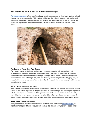 Post-Repair Care What To Do After A Trenchless Pipe Repair