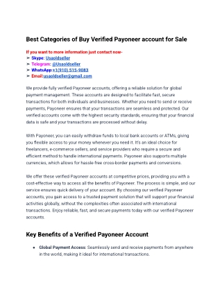Best Categories of Buy Verified Payoneer account for Sale