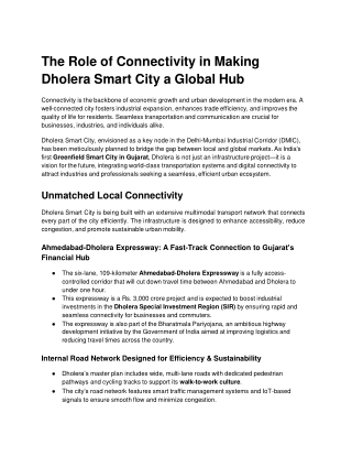 The Role of Connectivity in Making Dholera Smart City a Global Hub