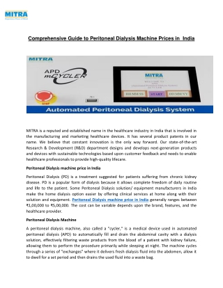 Comprehensive Guide to Peritoneal Dialysis Machine Prices in  India