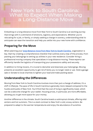 New York to South Carolina What to Expect When Making a Long-Distance Move