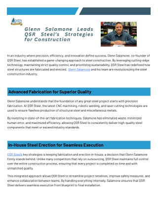 Glenn Salamone Leads QSR Steel’s Strategies for Construction