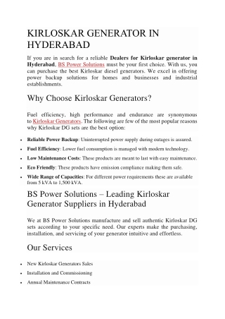 Kirloskar generator in Hyderabad