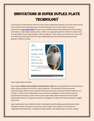 Innovations In Super Duplex Plate Technology