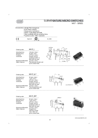 MV7 Series Subminiature Micro Switches – Technical Specifications