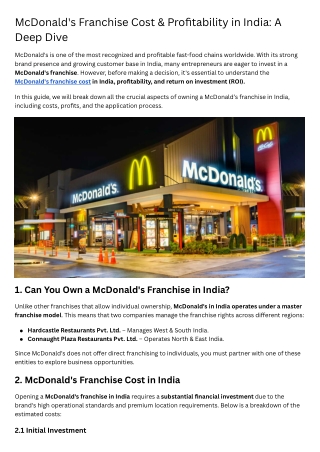 mcdonald s franchise cost profitability in india