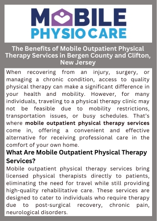 The Benefits of Mobile Outpatient Physical Therapy Services in Bergen County and Clifton, New Jersey