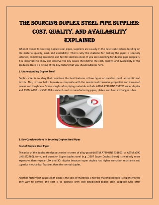 The Sourcing Duplex Steel Pipe Supplies: Cost, Quality, and Availability Explain