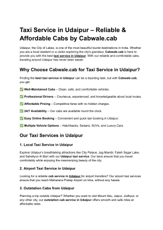 Taxi Service in Udaipur – Reliable & Affordable Cabs by Cabwale