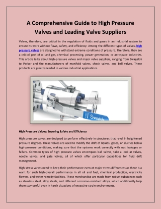 A Comprehensive Guide to High Pressure Valves and Leading Valve Suppliers