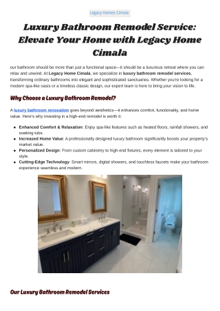 Luxury Bathroom Remodel Service Elevate Your Home with Legacy Home Cimala