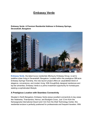 Embassy Verde Bangalore – 1 to 3 BHK Luxury Homes in North Bangalore