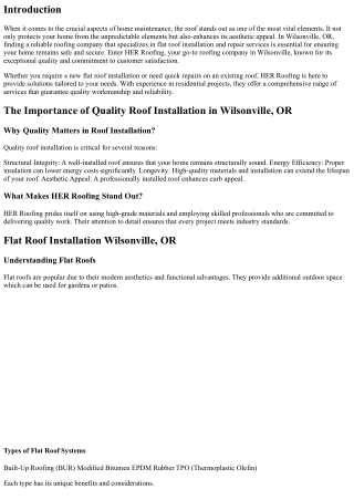 Your Go-To Roofing Company in Wilsonville: HER Roofing's Flat Roof Installation