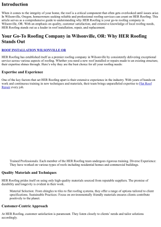 Your Go-To Roofing Company in Wilsonville, OR: Why HER Roofing Stands Out