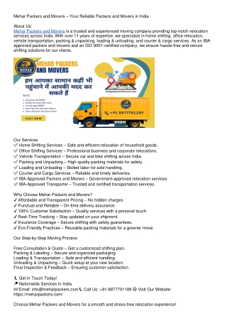 Mehar Packers and Movers – Your Reliable Packers and Movers in India