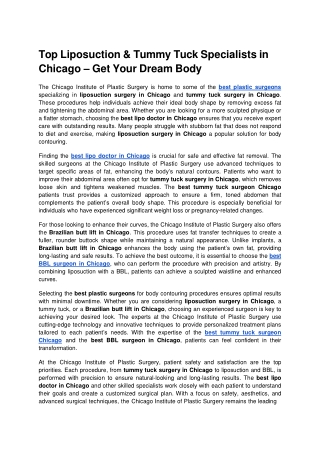 Top Liposuction & Tummy Tuck Specialists in Chicago – Get Your Dream Body