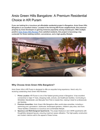 Arsis Green Hills Bangalore_ A Premium Residential Choice in KR Puram