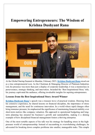 Empowering Entrepreneurs: The Wisdom of Krishna Dushyant Rana