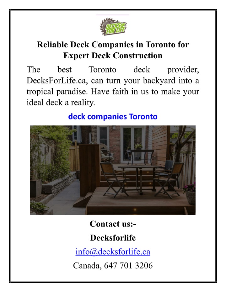 reliable deck companies in toronto for expert