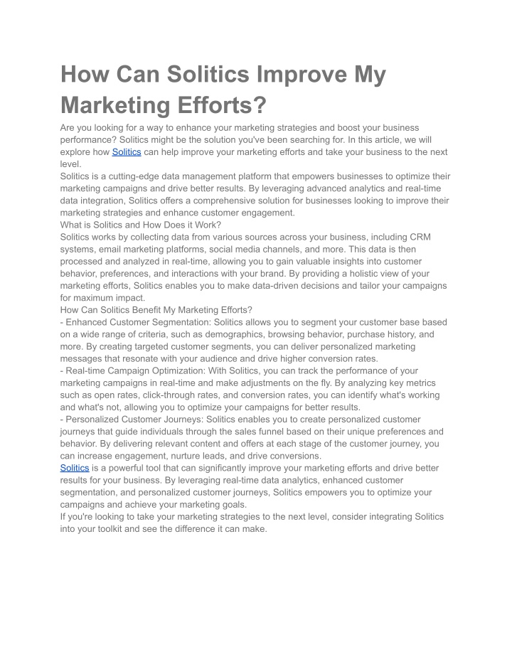 how can solitics improve my marketing efforts