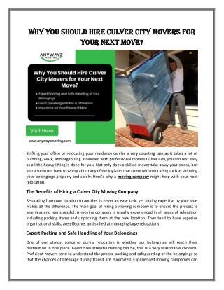 Why You Should Hire Culver City Movers for Your Next Move?