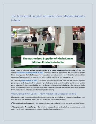 The Authorized Supplier of Hiwin Linear Motion Products in India