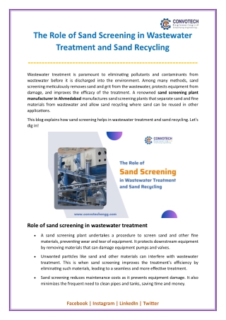 The Role of Sand Screening in Wastewater Treatment and Sand Recycling