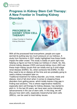 Progress in Kidney Stem Cell Therapy: A New Frontier in Treating Kidney Disorder