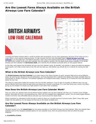 Are the lowest fares always available on the British Airways low fare calendar?