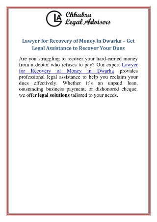 Lawyer for Recovery of Money in Dwarka  Get Legal Assistance to Recover Your Dues