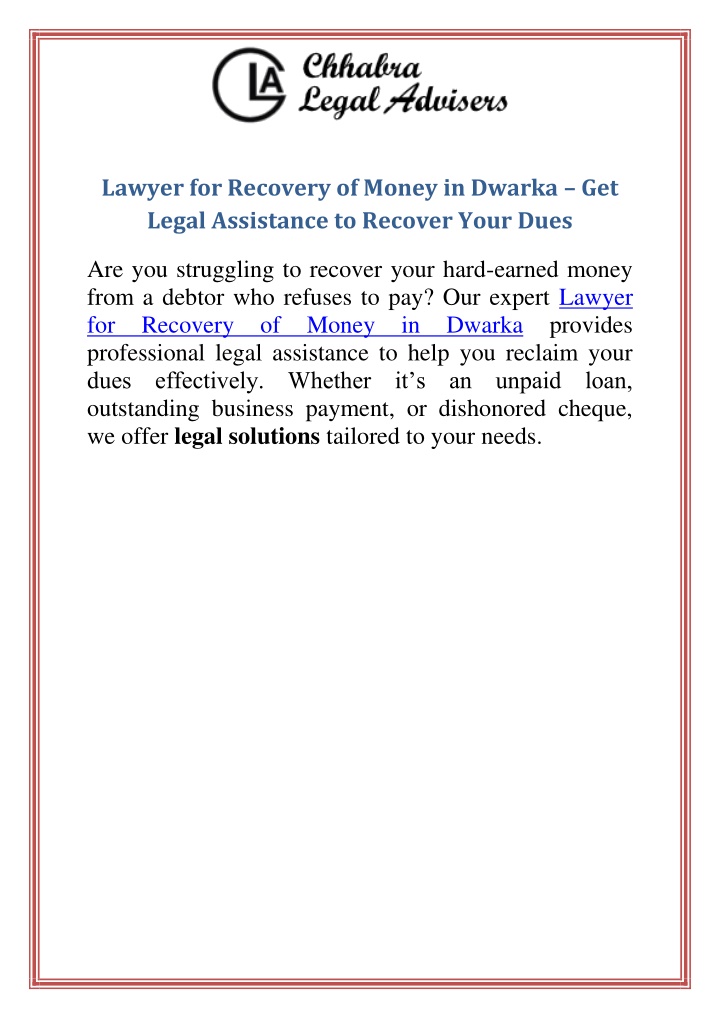 lawyer for recovery of money in dwarka get legal