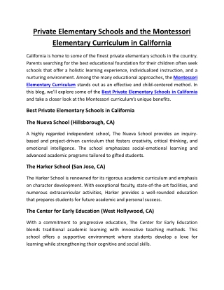 Private Elementary Schools and the Montessori Elementary Curriculum in California