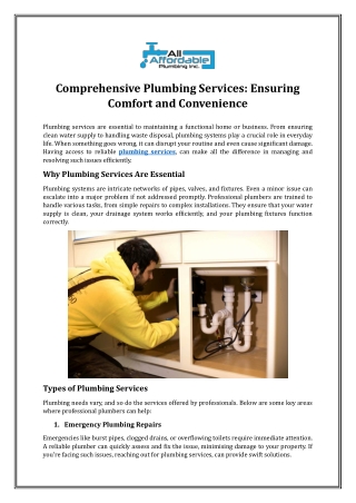 Comprehensive Plumbing Services: Ensuring Comfort and Convenience