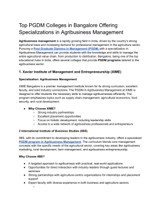Top PGDM Colleges in Bangalore Offering Specializations in Agribusiness Management