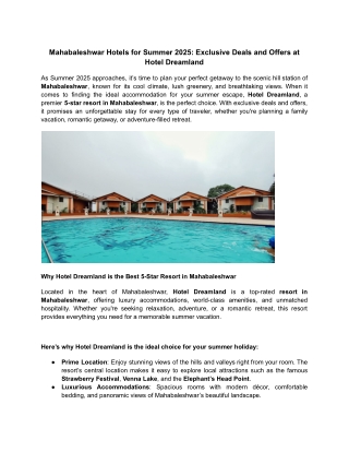 Mahabaleshwar Hotels for Summer 2025_ Exclusive Deals and Offers at Hotel Dreamland