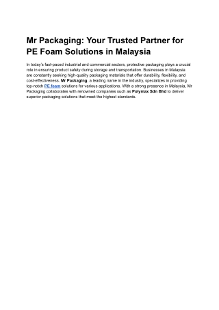 Premium PE Rolls | Customizable Foam Solutions by Mr Packaging