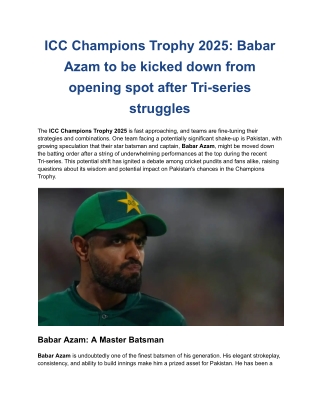 ICC Champions Trophy 2025_ Babar Azam to be kicked down from opening spot after Tri-series struggles